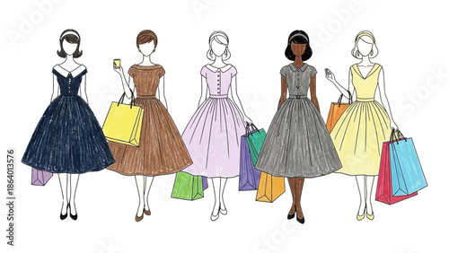 retro women shopping together in diverse 1950s style dresses enjoying a fun consumerism lifestyle with many colorful bags