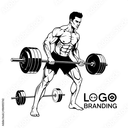 “High-end black-and-white fitness branding artwork, muscular male figure lifting barbell, bold vector outlines, white background, clean modern logo design.”