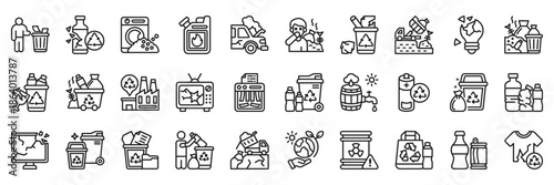 Garbage icon collection line style. Containing Litter, Broken Bottle, Washing Machine, Kerosene, Broken Car