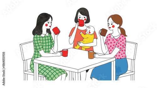 women friends gather for drinks at a table one holding a baby illustrating female bonding motherhood and casual social interaction.