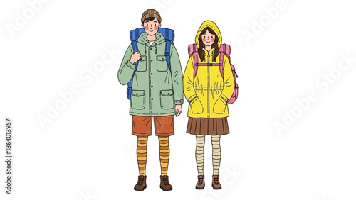 young couple backpacking illustration standing ready for an outdoor adventure trip ideal for travel blogs summer vacation and exploration content