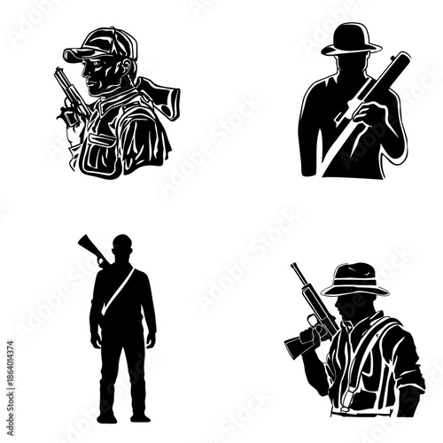 Silhouette of a male safari hunter with a weapon in his hands. Vector set of sketches in a flat monochrome contour style