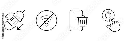 Tech detox icon set, disconnect power plug, no wifi connection, trash mobile phone, finger tap switch illustration.