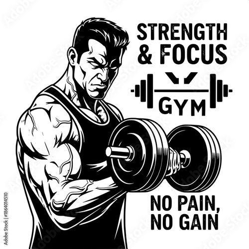 “Stylized monochrome illustration of a bodybuilder lifting weights, intense focus, shadowed facial features, clean gym logo aesthetic, bold typography.”
