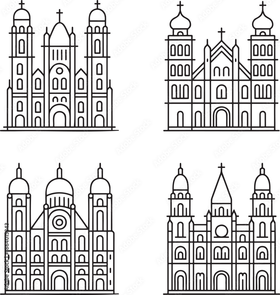 Fototapeta premium Set of Cathedral church Outline vector illustration isolated On Transparent Background