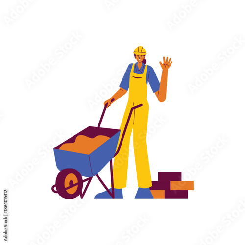Female Construction Worker with Wheelbarrow and Bricks.