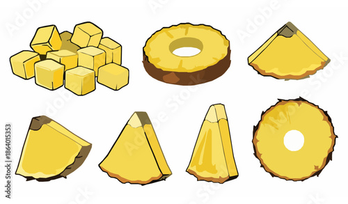 Hand drawn fresh yellow pineapple slices and chunks vector set on white