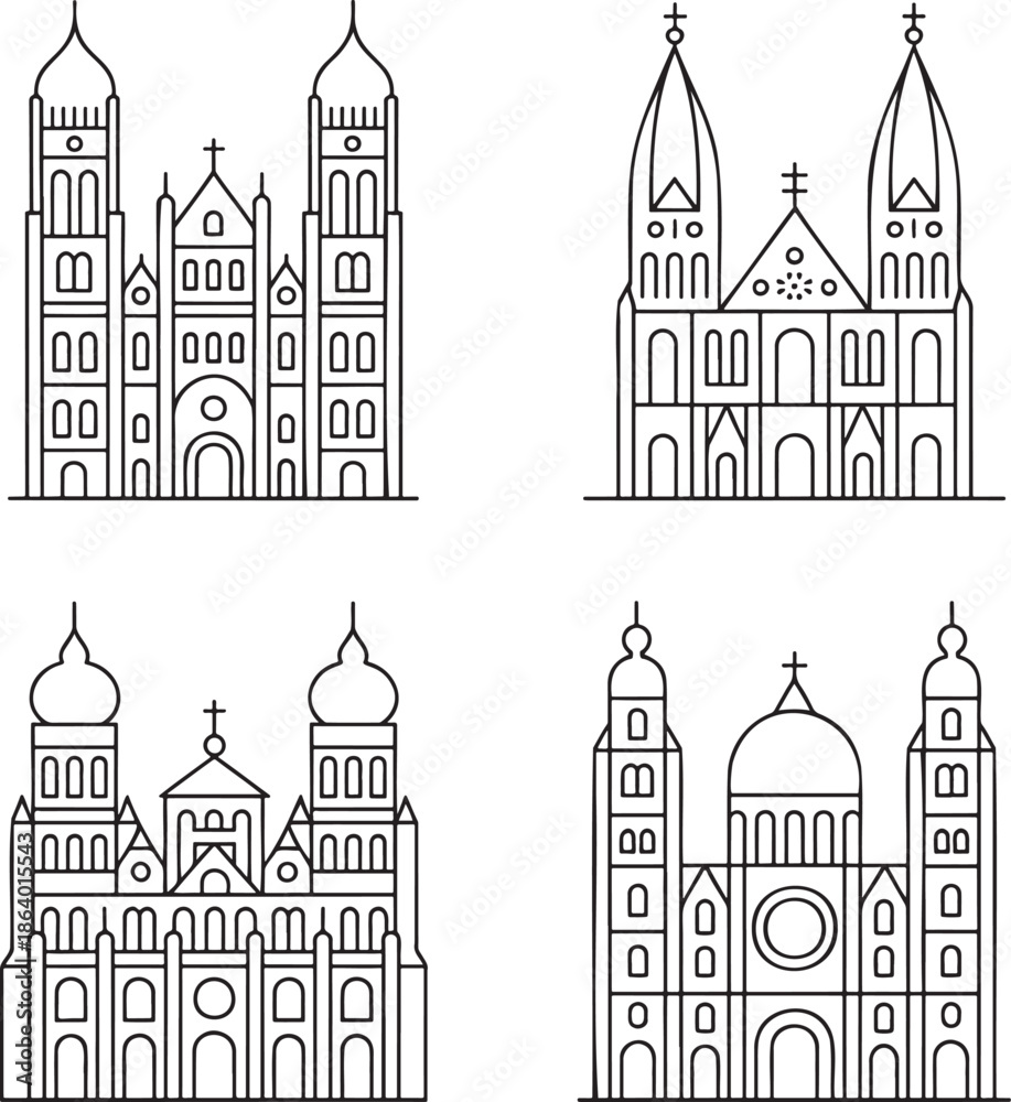 Naklejka premium Set of Cathedral church Outline vector illustration isolated On Transparent Background