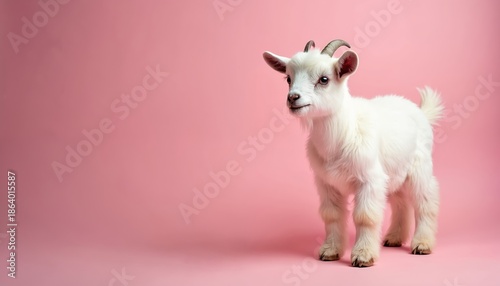 Small white pygmy goat stands on pink studio background. This fluffy animal poses with small horns. Cute young farm animal looks curious and playful. This kid is adorable.