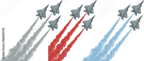 Military fighter jet formation illustration with colored smoke trails showing aerial display airshow squadron flight pattern and aviation performance isolated on white background