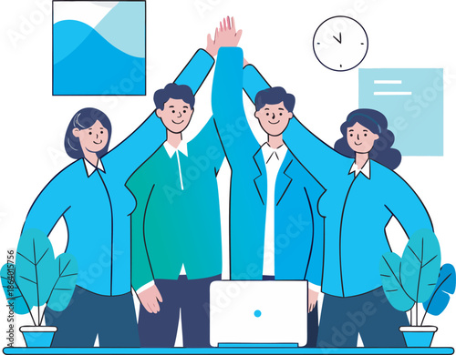 Business team celebrating success with high five in modern office flat vector illustration