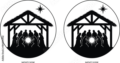 Nativity scene silhouette illustration featuring holy family and baby Jesus under Bethlehem star for Christmas religious decoration and faith based design isolated on white background