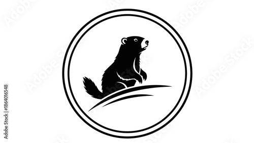 Black and white illustration of a groundhog standing on its hind legs, encircled by a double line, suitable for a logo or emblem.