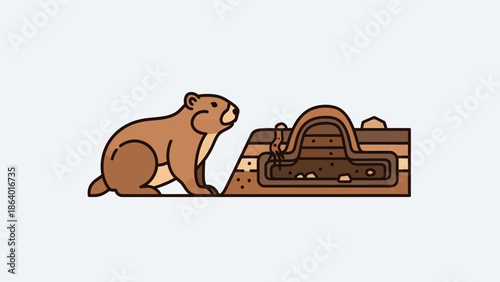 Illustration of a cute brown groundhog next to its underground burrow system, showcasing its habitat.