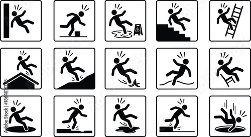 Slip trip and fall hazard safety pictogram icon set showing workplace accidents ladders stairs wet floors and level changes isolated on white