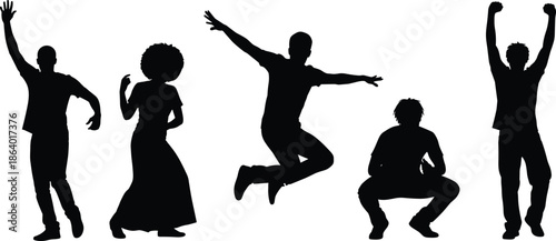 Dancing people silhouettes expressing freedom energy celebration happiness movement lifestyle music rhythm party culture vector illustration isolated black figures