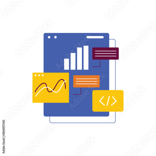 Illustration showing data analysis and development concepts with various charts and code snippet.