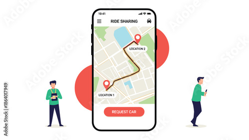 Ride sharing mobile application interface showing map navigation for car booking and urban transportation services in city.