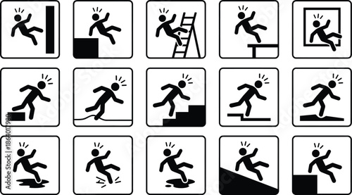 Workplace slip trip and fall hazard pictogram icons set illustrating common safety risks accidents and warning signs isolated on white background