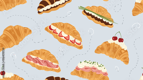 Seamless pattern of delicious assorted croissants with various sweet and savory fillings for bakery branding and menus.