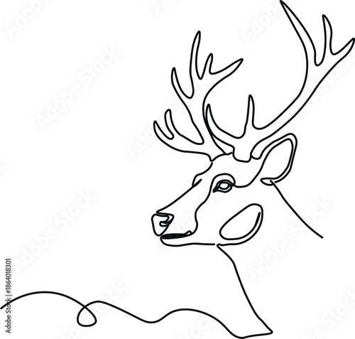 Elegant Continuous Line Drawing of a Reindeer Head with Majestic Antlers, Minimalist Wildlife Vector Illustration for Christmas and Winter Themes