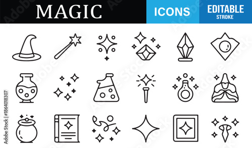 Minimal fantasy magic outline icons set