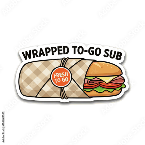 Wrapped to go sub sandwich vector sticker. Takeaway fresh baguette in paper packaging. Fast food delivery lunch meal illustration.
