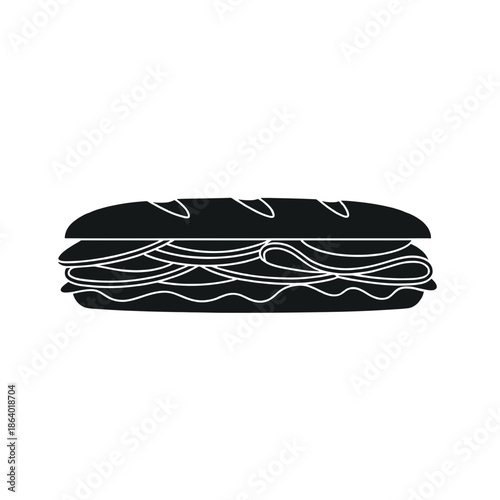 Submarine sandwich silhouette vector illustration. Fast food deli baguette with meat cheese and vegetables. Long hoagie roll lunch meal icon isolated on white background.