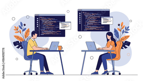 Software developers working on computer coding and programming for web development and technology projects in the office.