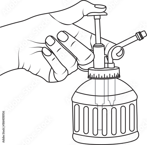 Hand Using Manual Pump Spray Bottle Line Art Illustration
