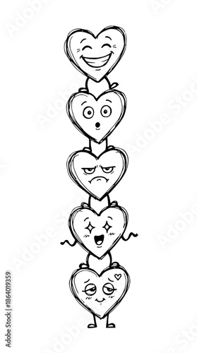 Cute cartoon hearts with different facial expressions stacked vertically on a white background