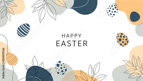 Happy Easter greeting card featuring colorful decorated eggs and abstract organic shapes with delicate leaf outlines on a white background.