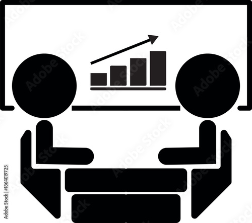 Simple black and white meeting icon in flat vector style. Team discussion and collaboration symbol isolated on white background, suitable for business, office communication, teamwork, and user interfa