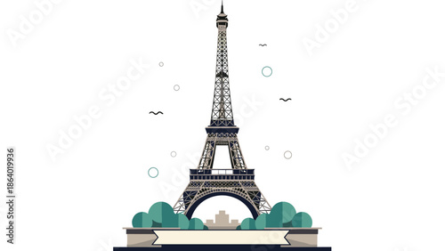 Detailed illustration of the Eiffel Tower in Paris standing on a landscaped platform with green bushes under a simple sky with birds.