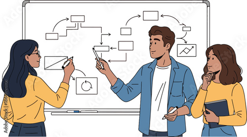 Young Startup Team Brainstorming and Sharing Ideas in Modern Office - Vector Illustration
