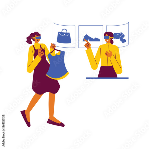 Two women in virtual reality headsets shopping for clothes and accessories.