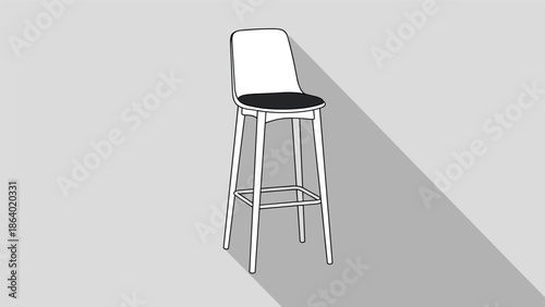 Simple minimalist design of a modern tall bar stool with a black seat and white legs casting a long shadow on a grey background.