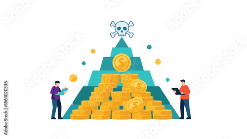 Financial pyramid scheme concept showing stacks of gold coins with a dangerous skull at the top and businessmen monitoring data.