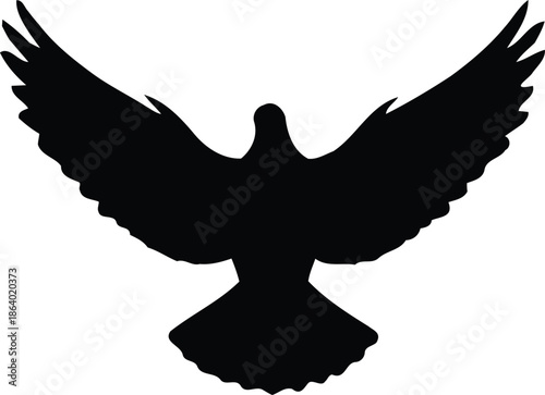 Black silhouette of a bird in flight with wings spread wide on white background