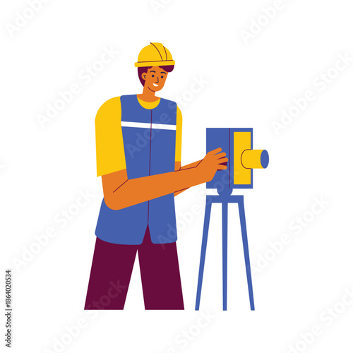 Professional Male Surveyor Operates Theodolite Instrument For Land Measurement.