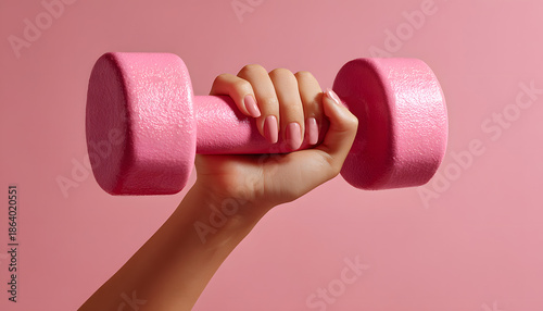 A closeup view of the hand of a young lady holding a pink color dumbbell with a pink color background; sports photography; fitness and exercise