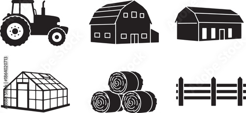 A collection of illustrated farm icons, encompassing essential elements of rural agriculture.