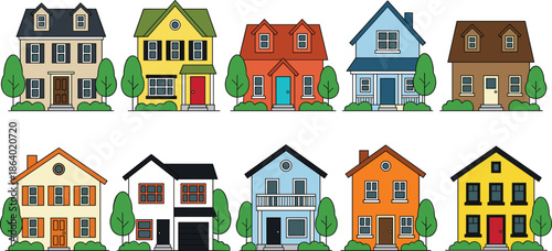 Colorful suburban house illustration set featuring various home styles facades and architecture designs isolated on white background