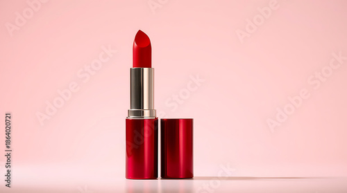 Red lipstick on a pink background. 3d rendering. Close up.