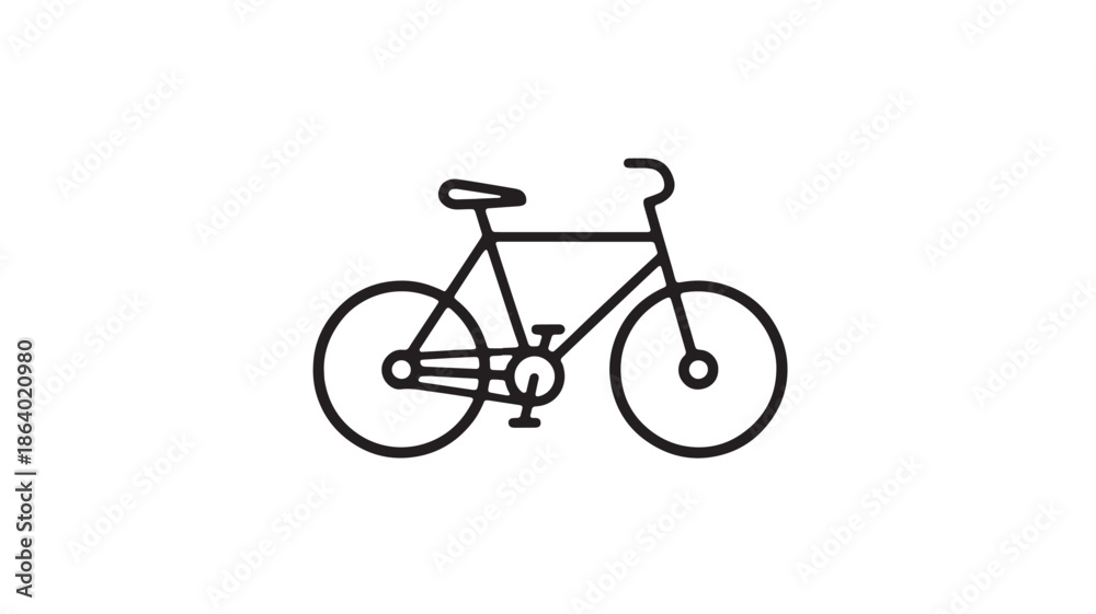 Obraz premium Minimal black line drawing of a bicycle icon with circular wheels, frame, handlebars and seat on white background, vector illustration