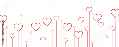 Vibrant red heart flowers on thin stems form a playful horizontal arrangement against pure white background. Minimalist vector art perfect for romantic designs, Valentine's cards, love posters.