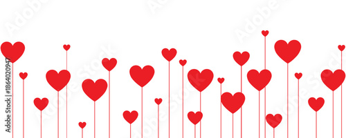 Vibrant red heart flowers on thin stems form a playful horizontal arrangement against pure white background. Minimalist vector art perfect for romantic designs, Valentine's cards, love posters.