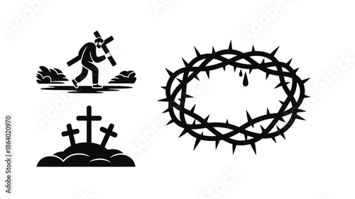 Man carrying a cross, a crown of thorns with blood, and three crosses on a hill