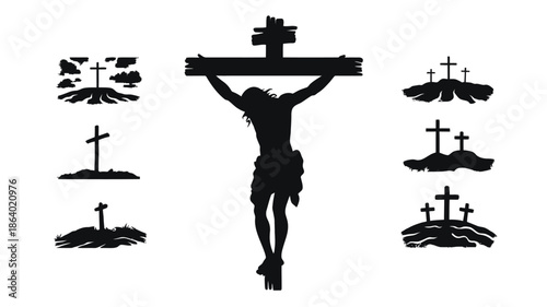 Multiple black cross and crucifixion silhouettes, including a central depiction of Jesus, on hilly landscapes