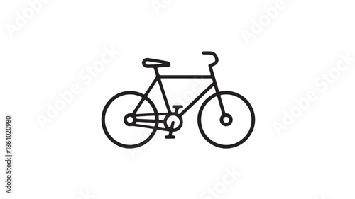 Minimal black line drawing of a bicycle icon with circular wheels, frame, handlebars and seat on white background, vector illustration